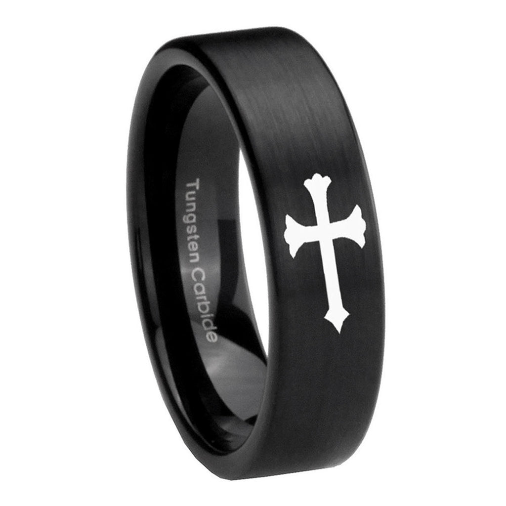 8mm Christian Cross Pipe Cut Brush Black Tungsten Ring