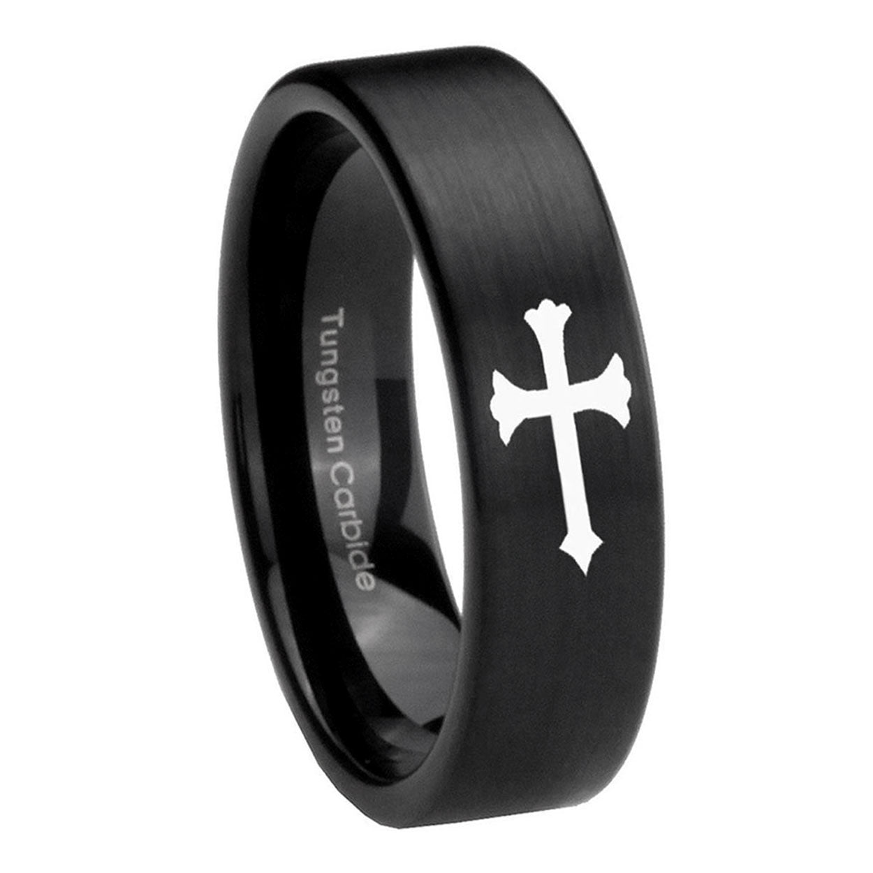 8mm Christian Cross Pipe Cut Brush Black Tungsten Ring