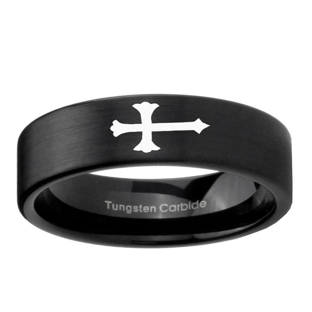 6mm Christian Cross Pipe Cut Brush Black Tungsten Ring