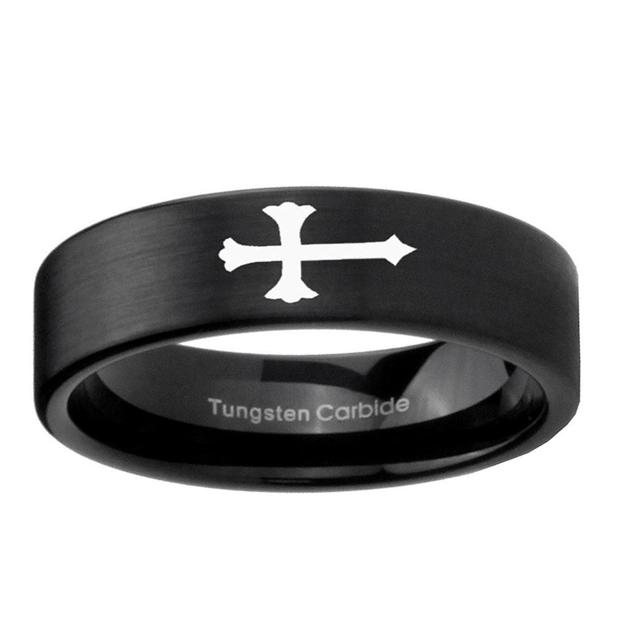 6mm Christian Cross Pipe Cut Brush Black Tungsten Ring