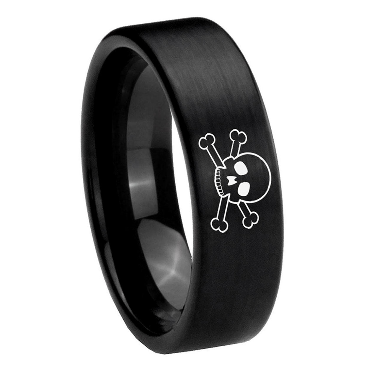8mm Skull Pipe Cut Brush Black Tungsten Mens Engagement Band