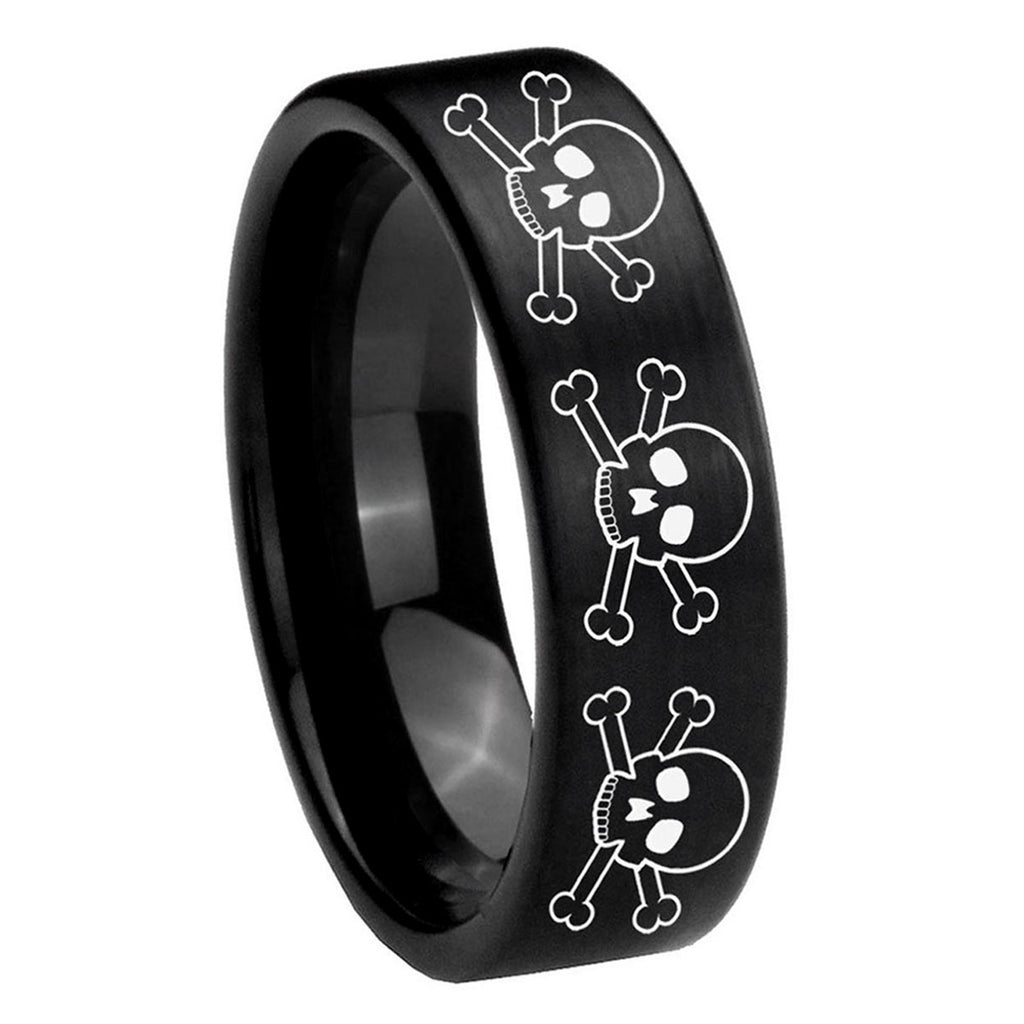8mm Multiple Skull Pipe Cut Black Tungsten Ring Engraved