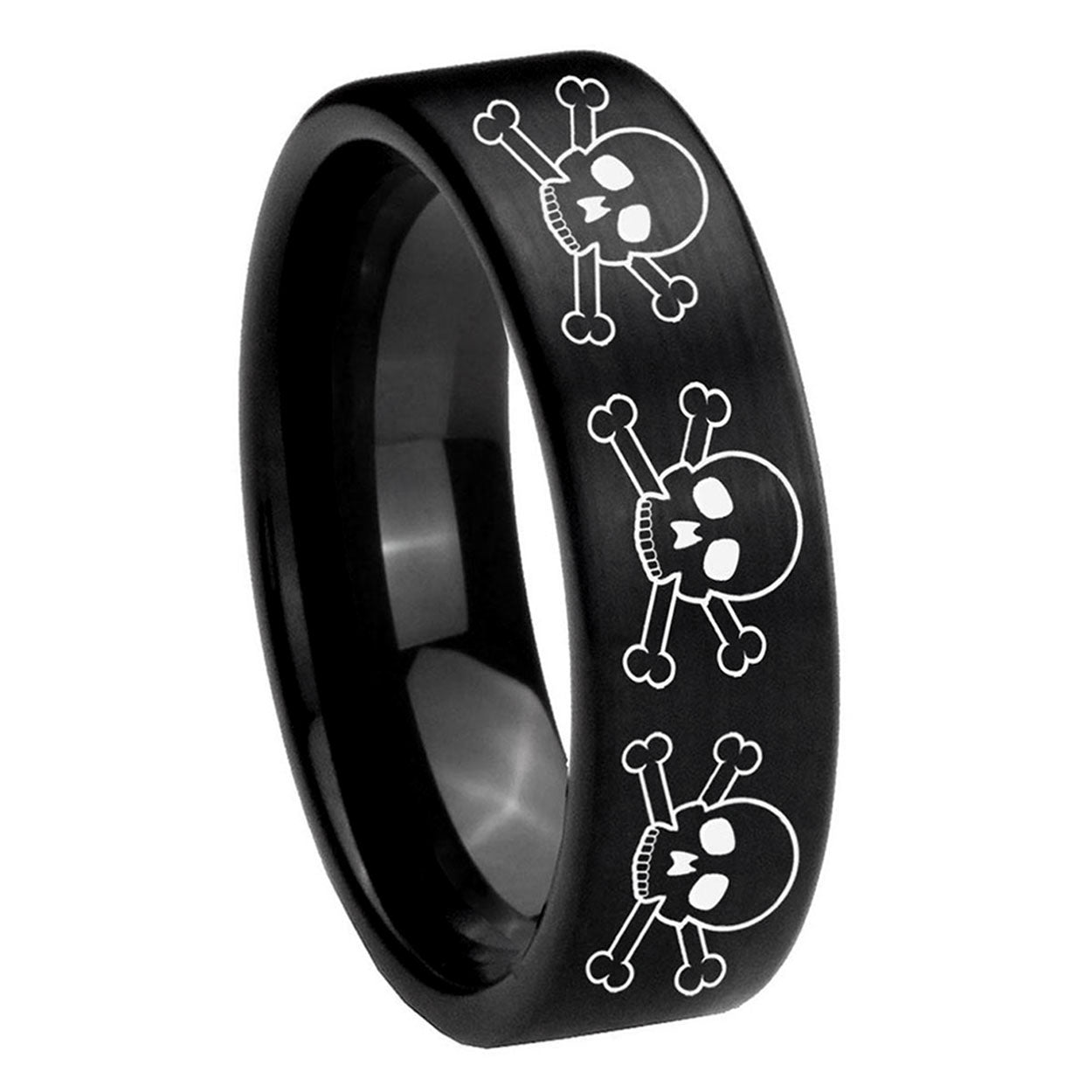 8mm Multiple Skull Pipe Cut Black Tungsten Ring Engraved