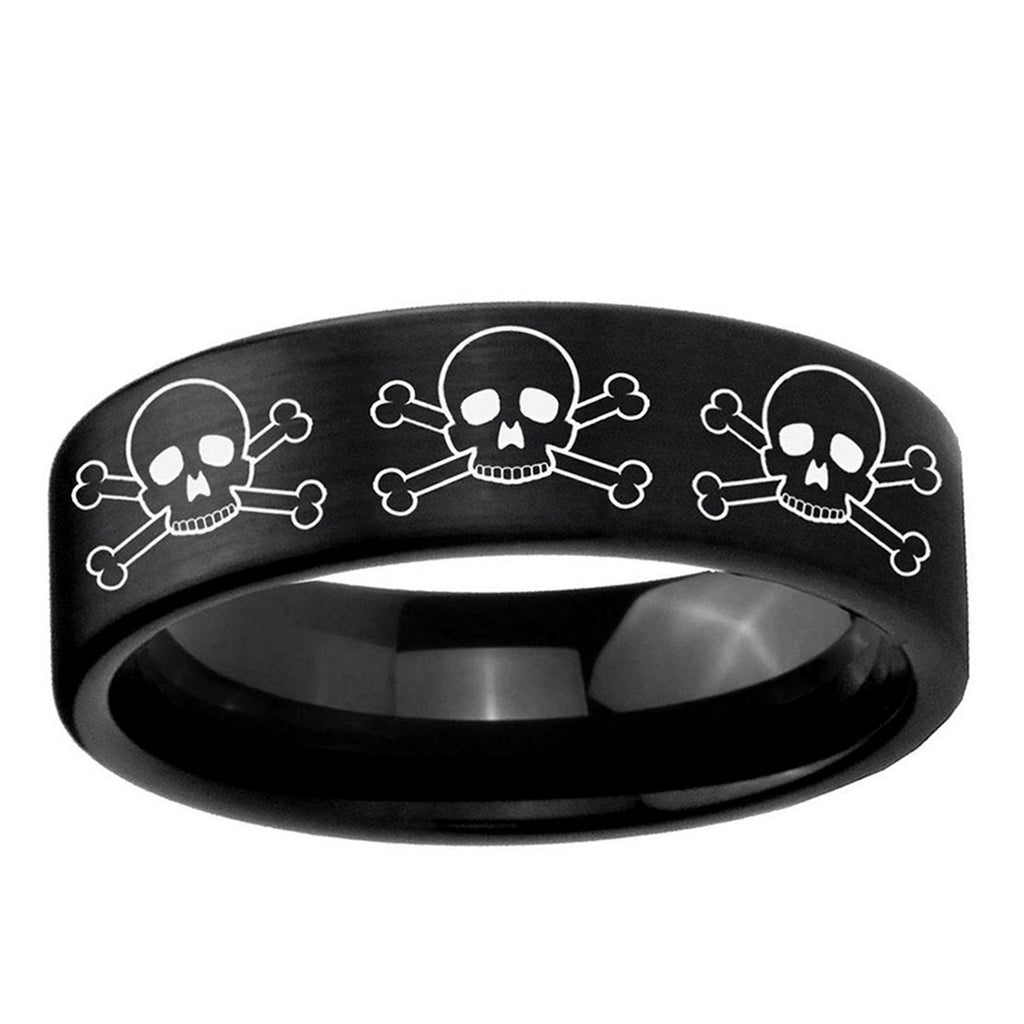 6mm Multiple Skull Pipe Cut Black Tungsten Ring Engraved