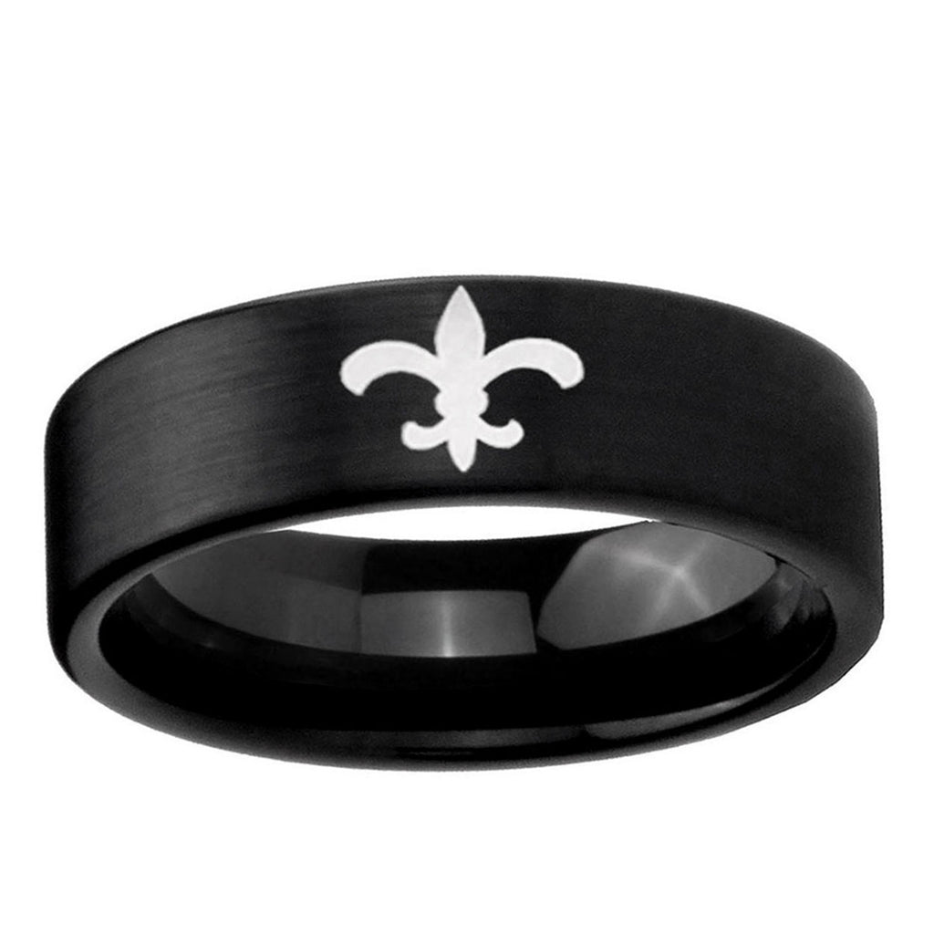 6mm Fleur-De-Lis Pipe Cut Brush Black Tungsten Promised Ring