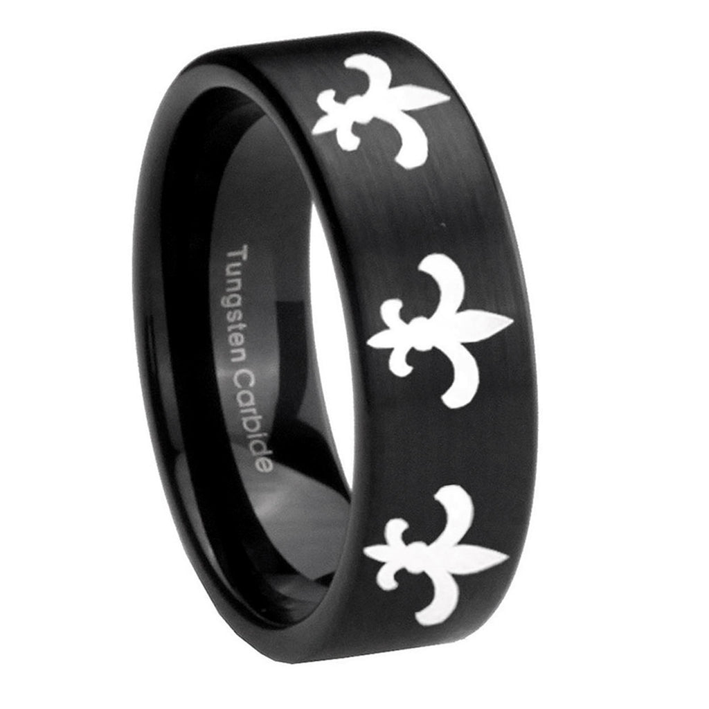 8mm Multiple Fleur-De-Lis Pipe Cut Brush Black Tungsten Ring
