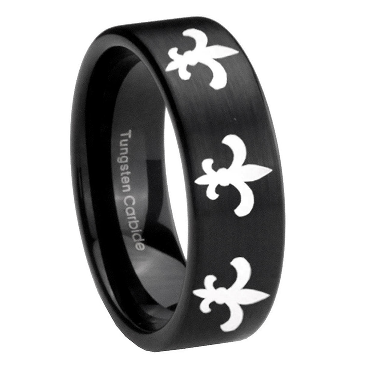 8mm Multiple Fleur-De-Lis Pipe Cut Brush Black Tungsten Ring
