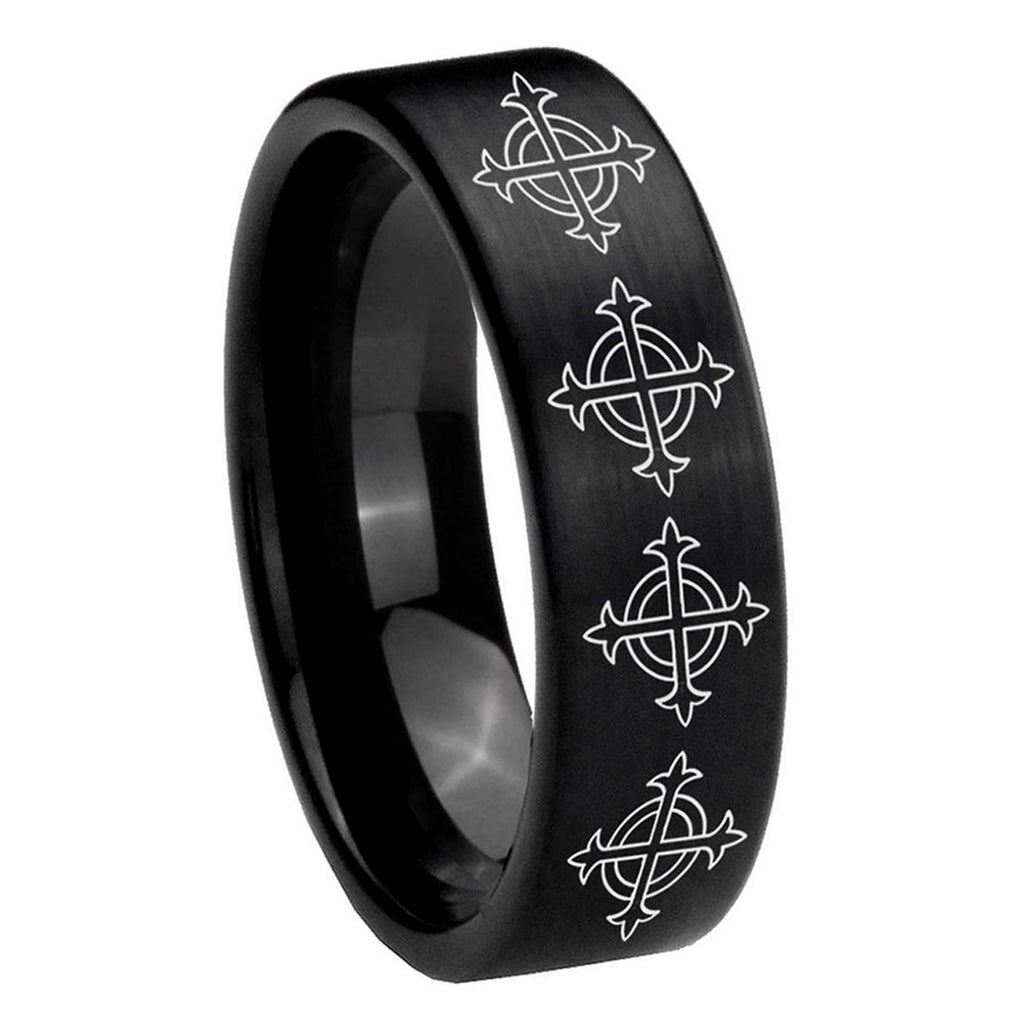 8mm Multiple Crosses Pipe Cut Brush Black Tungsten Mens Ring