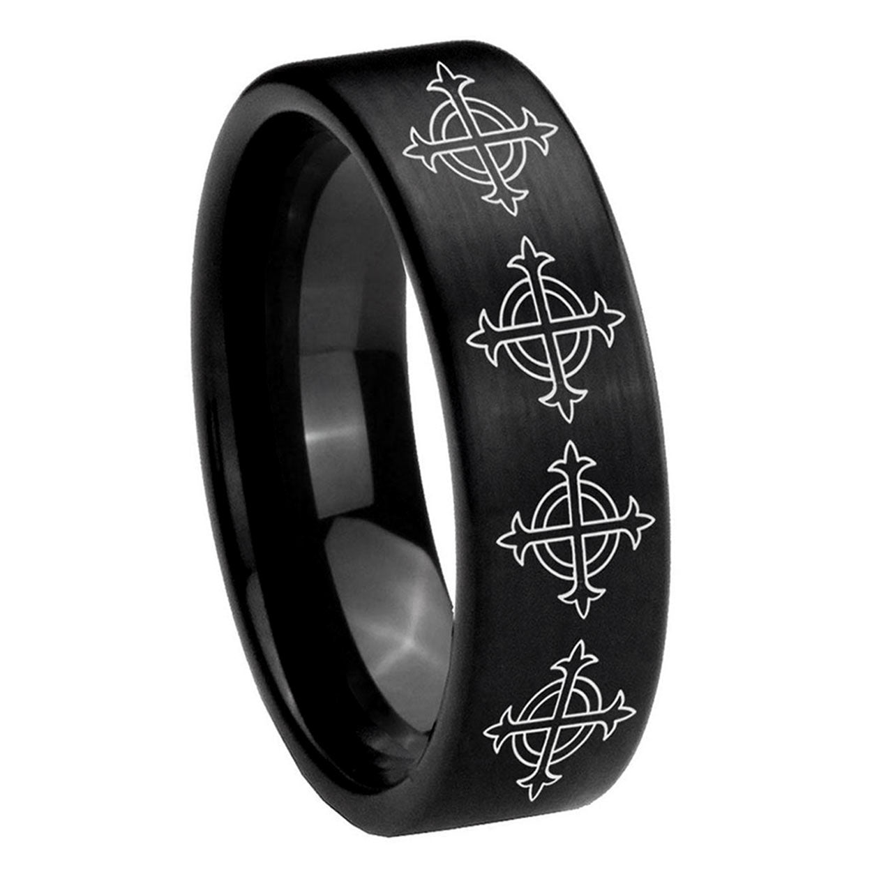8mm Multiple Crosses Pipe Cut Brush Black Tungsten Mens Ring