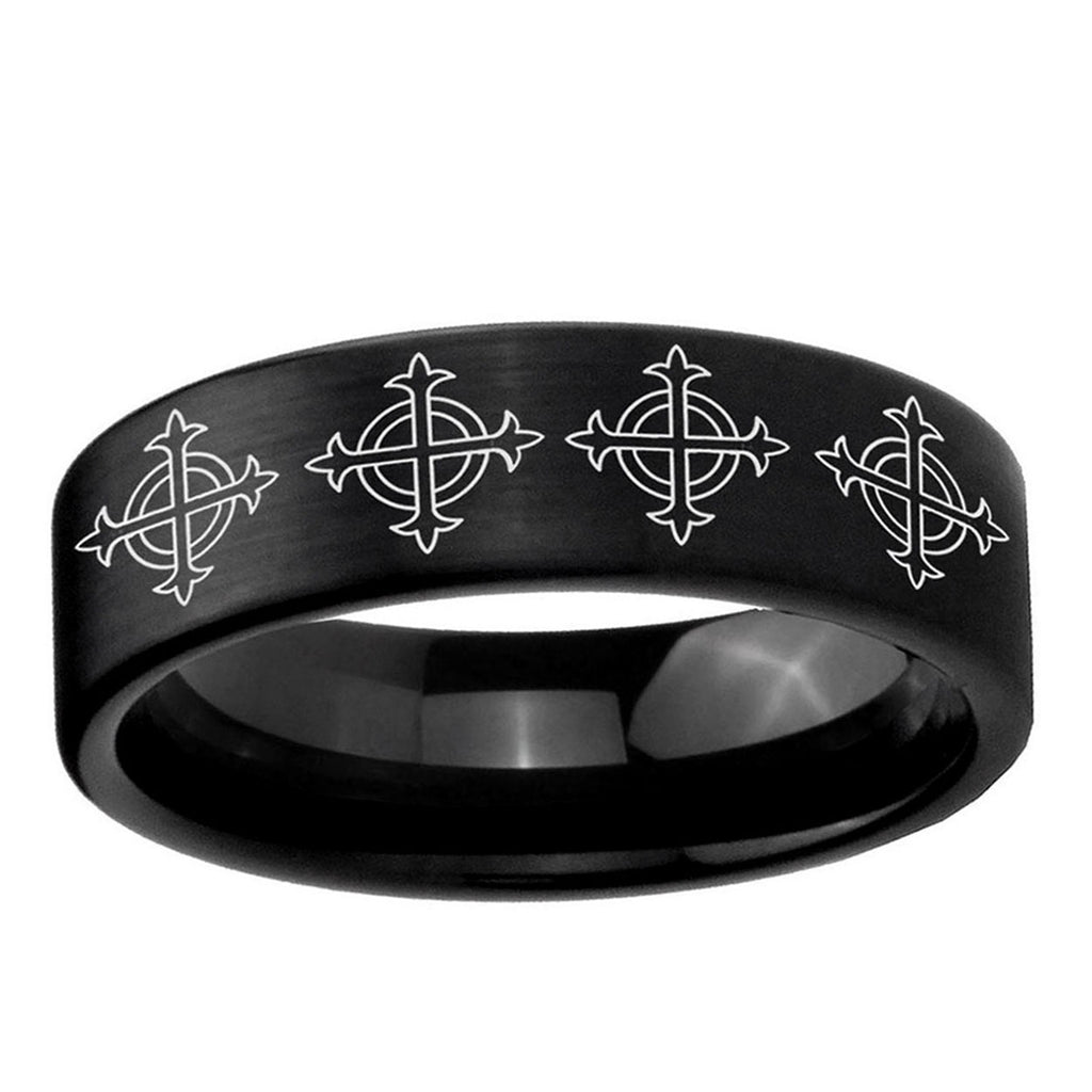 6mm Multiple Crosses Pipe Cut Brush Black Tungsten Mens Ring