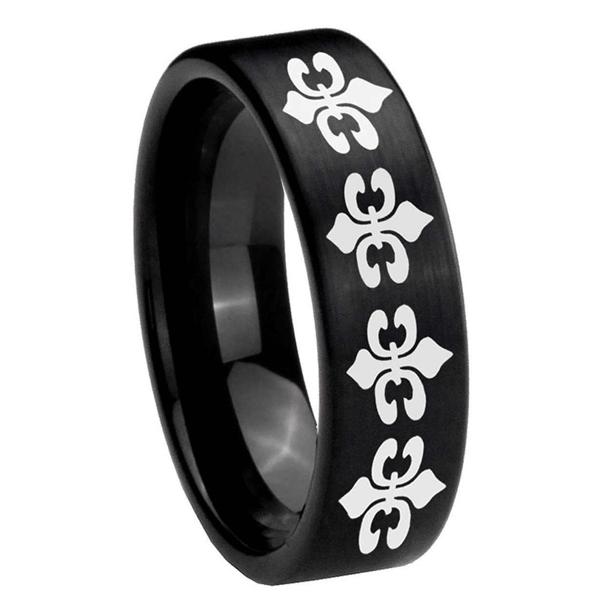 8mm Multiple Fleur-De-Lis Pipe Cut Brush Black Tungsten Ring