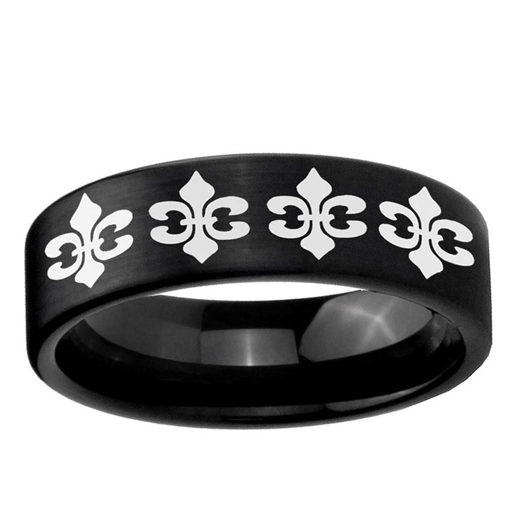 6mm Multiple Fleur-De-Lis Pipe Cut Brush Black Tungsten Ring