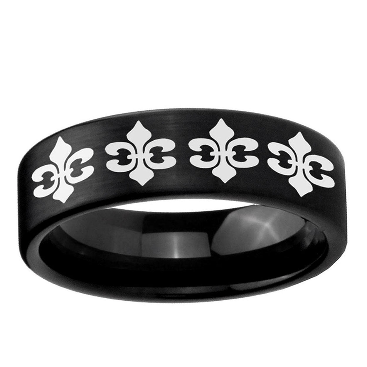 6mm Multiple Fleur-De-Lis Pipe Cut Brush Black Tungsten Ring
