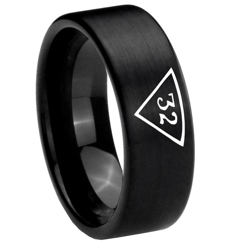 8mm Masonic 32 Triangle Freemason Pipe Cut Black Tungsten Ring
