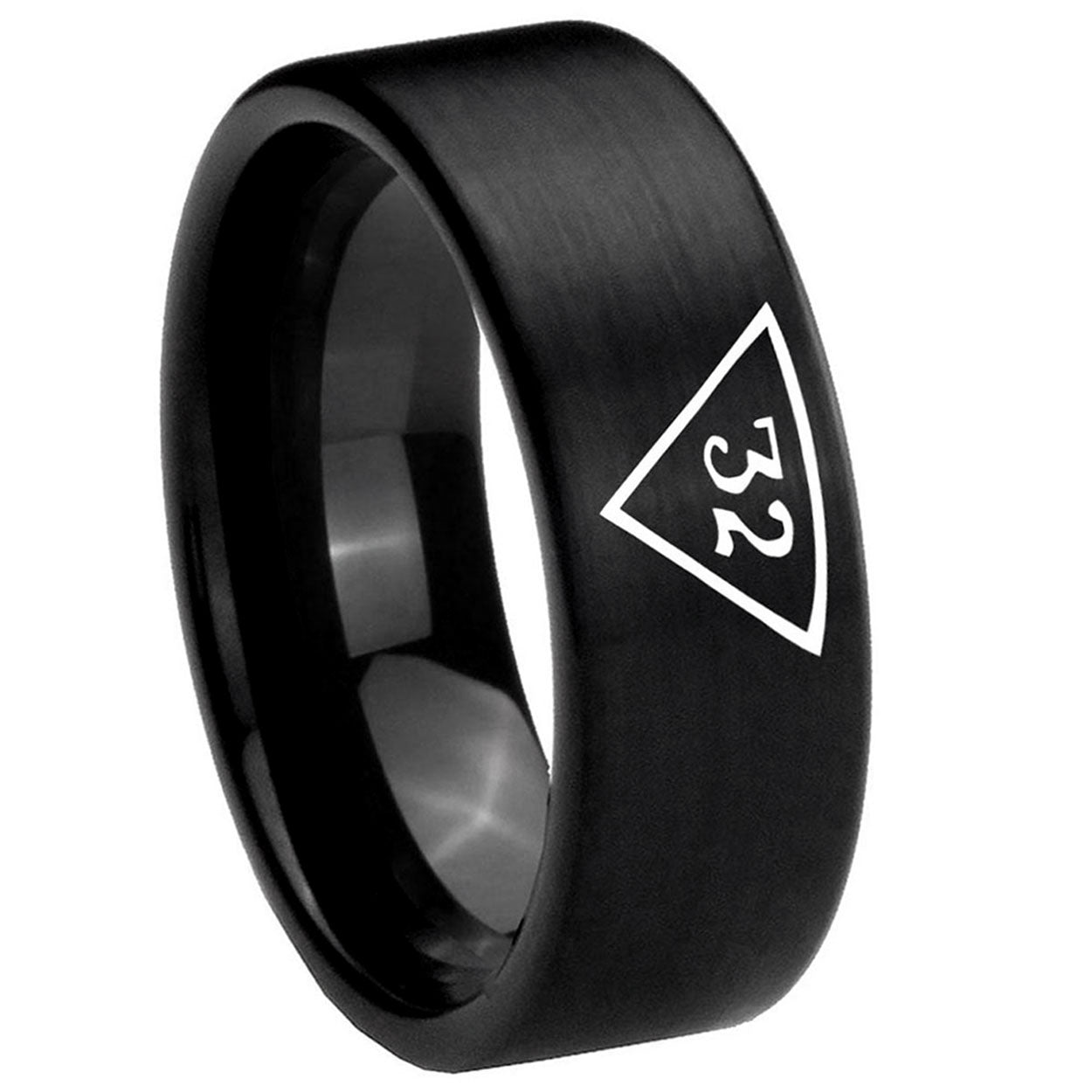 8mm Masonic 32 Triangle Freemason Pipe Cut Black Tungsten Ring