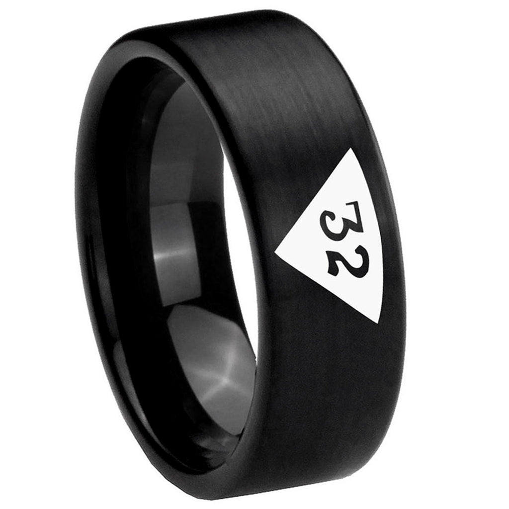 8mm Masonic 32 Triangle Design Freemason Pipe Cut Black Tungsten Ring