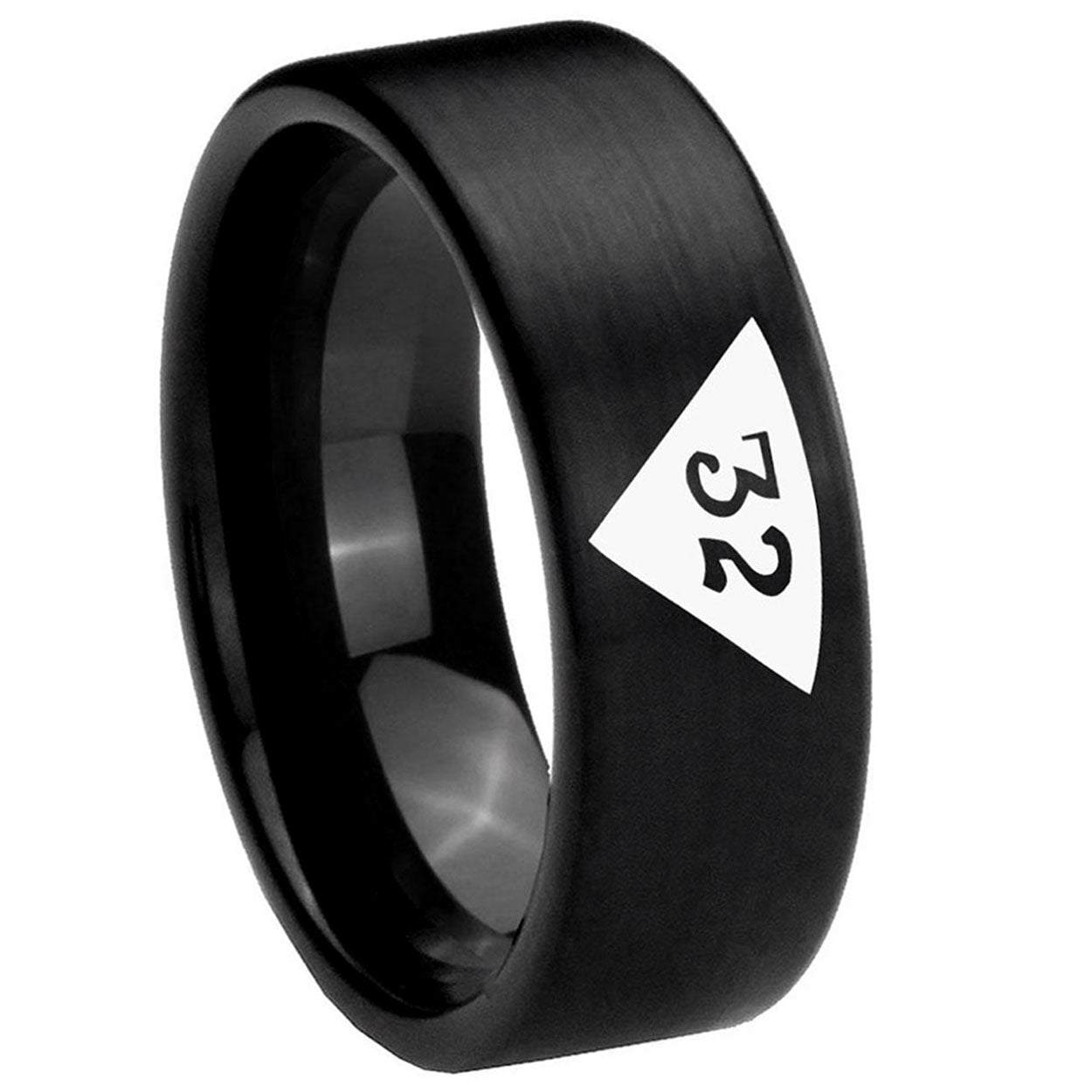 8mm Masonic 32 Triangle Design Freemason Pipe Cut Black Tungsten Ring