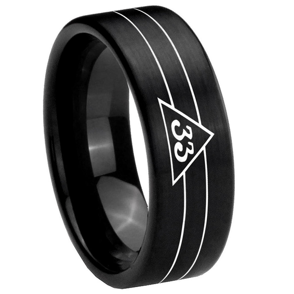 8mm Masonic 32 Duo Line Freemason Pipe Cut Black Tungsten Ring