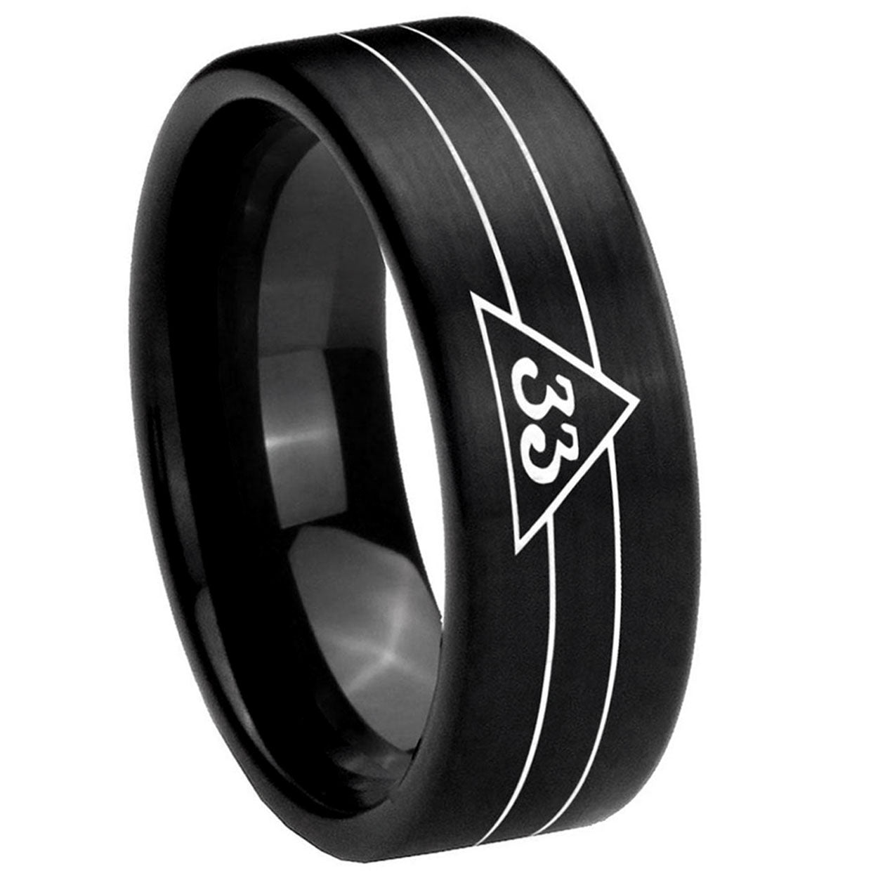 8mm Masonic 32 Duo Line Freemason Pipe Cut Black Tungsten Ring