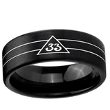6, 8mm Masonic 32 Duo Line Freemason Pipe Cut Brush Black Tungsten Ring
