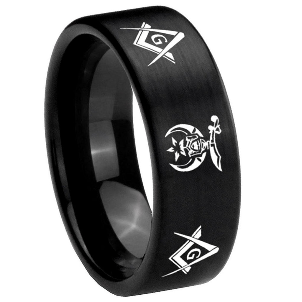 8mm Masonic Shriners Pipe Cut Brush Black Tungsten Ring