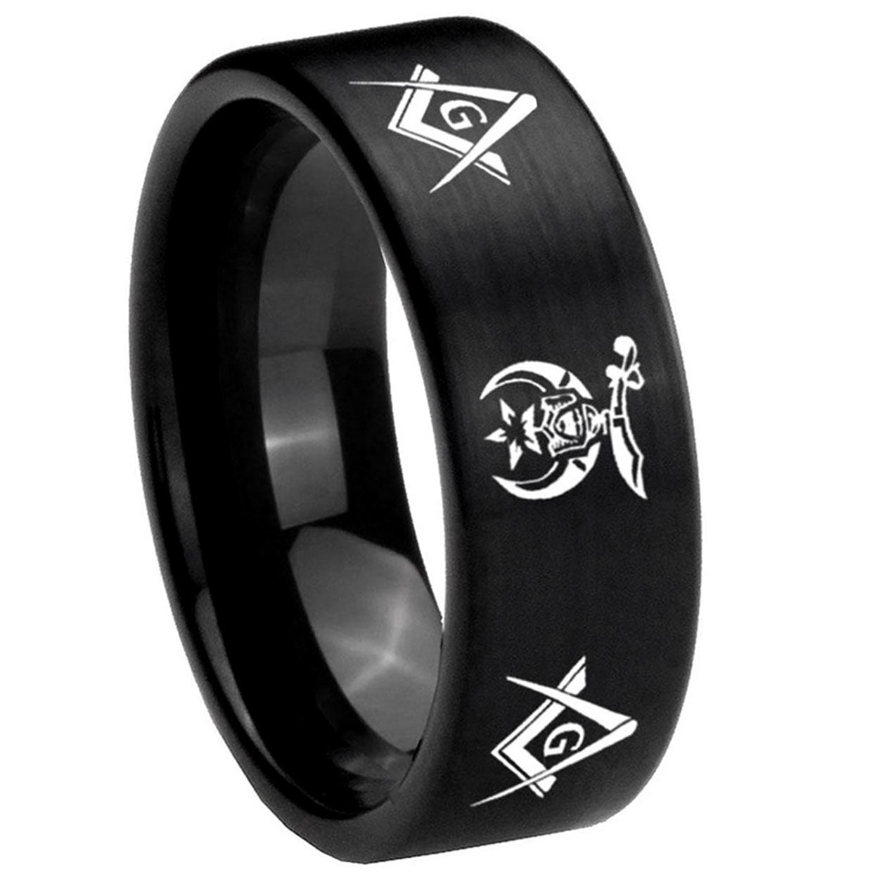 8mm Masonic Shriners Pipe Cut Brush Black Tungsten Ring