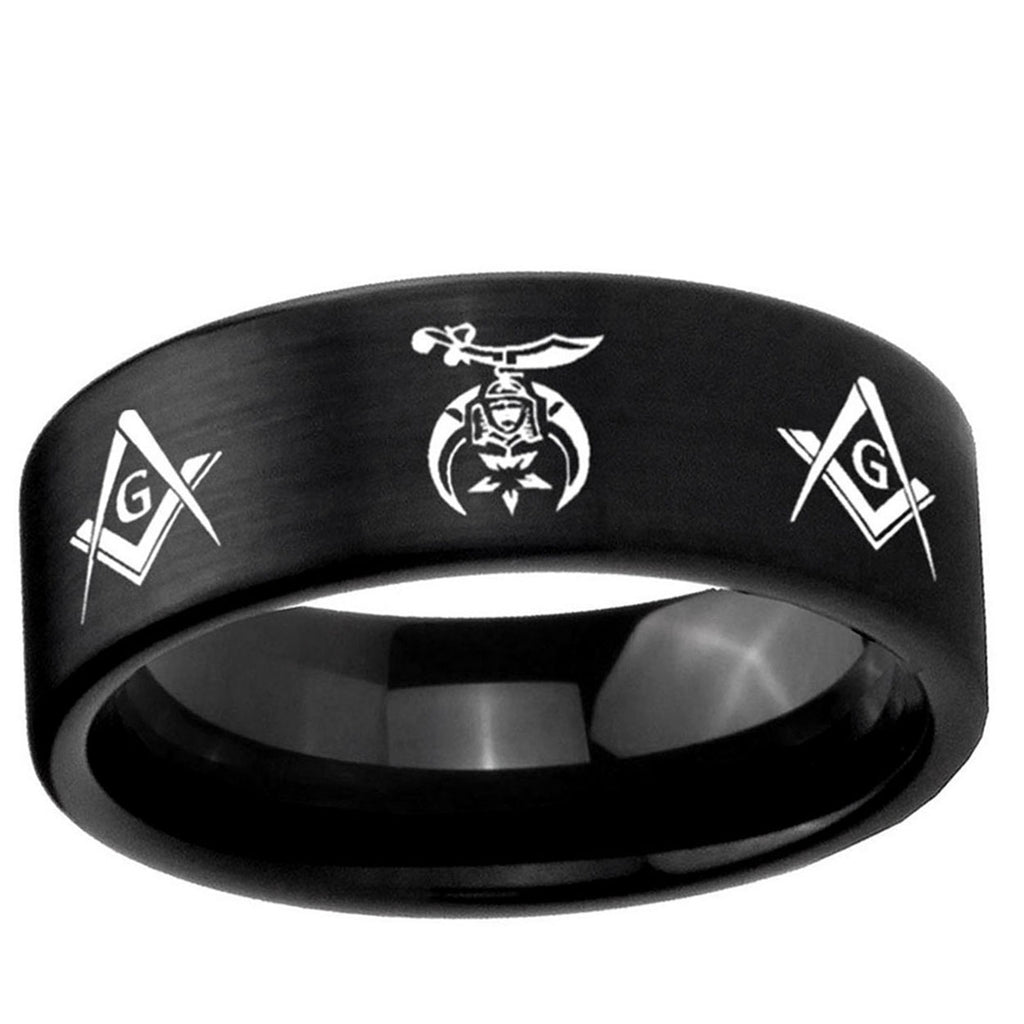 6mm Masonic Shriners Pipe Cut Brush Black Tungsten Ring
