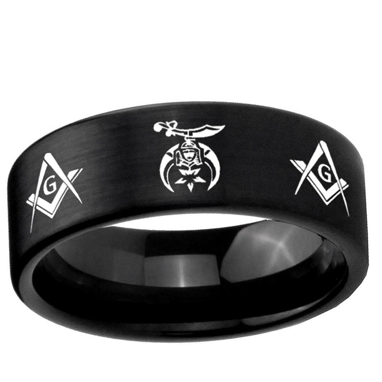 6mm Masonic Shriners Pipe Cut Brush Black Tungsten Ring