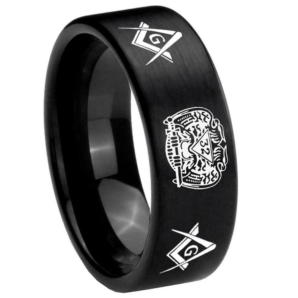 8mm Masonic 32 Design Pipe Cut Brush Black Tungsten Ring