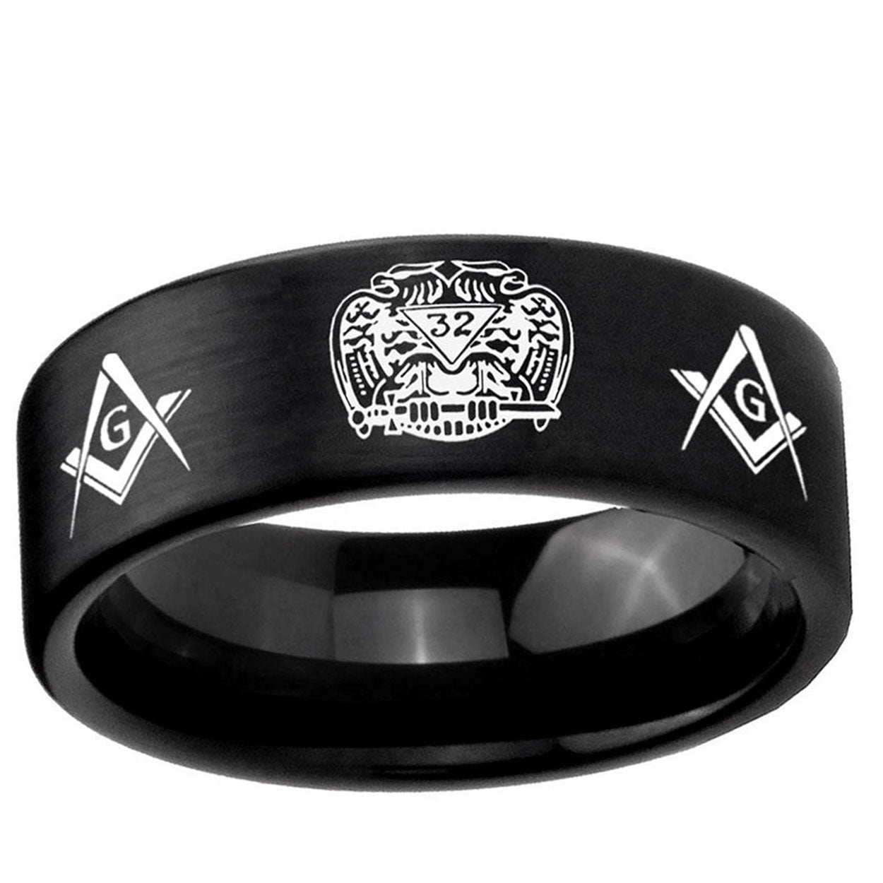 6mm Masonic 32 Design Pipe Cut Brush Black Tungsten Ring