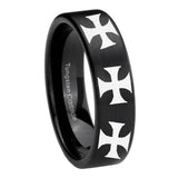 8mm Multiple Maltese Cross Pipe Cut Brush Black Tungsten Mens Ring Engraved