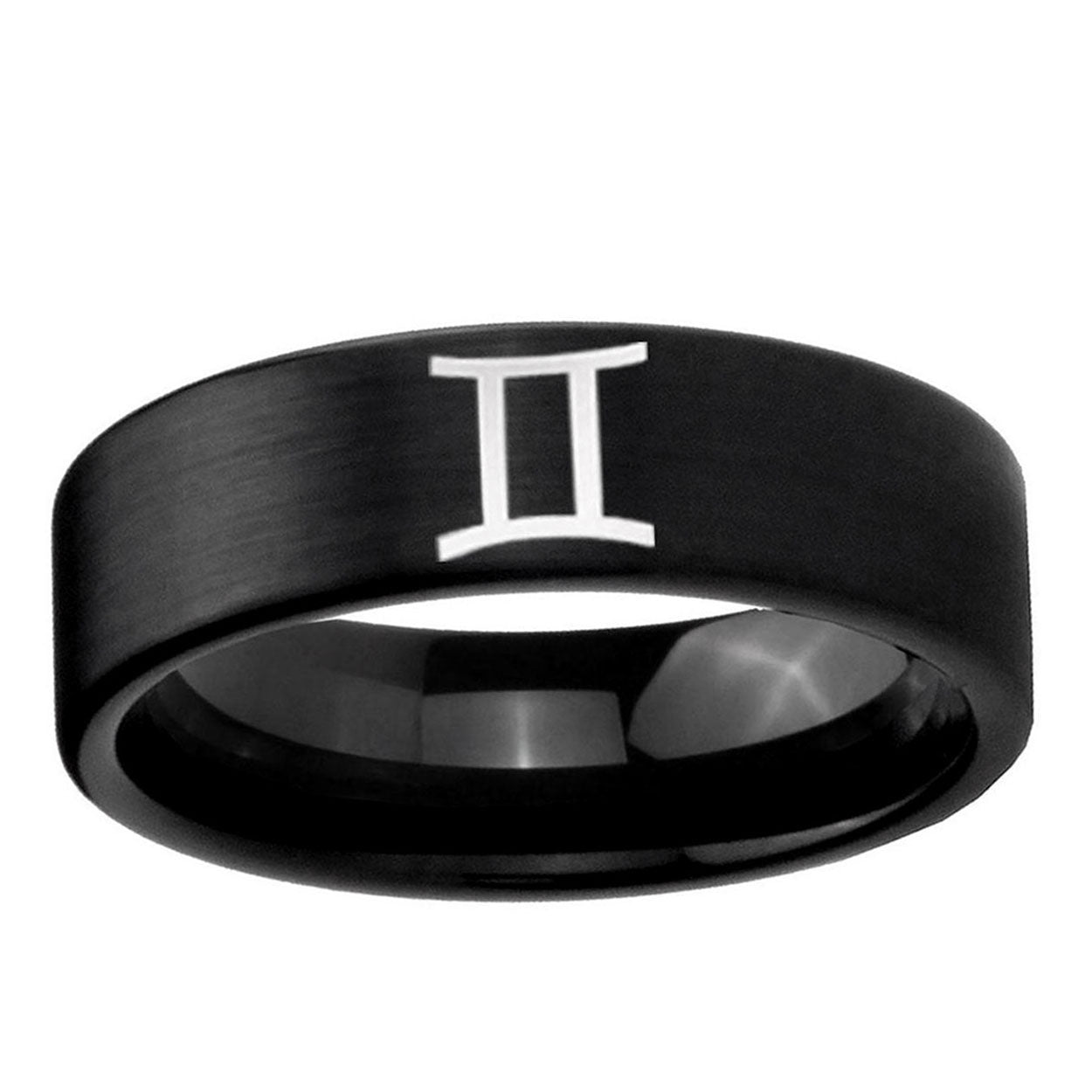 6mm Gemini Zodiac Pipe Cut Brush Black Tungsten Ring Mens