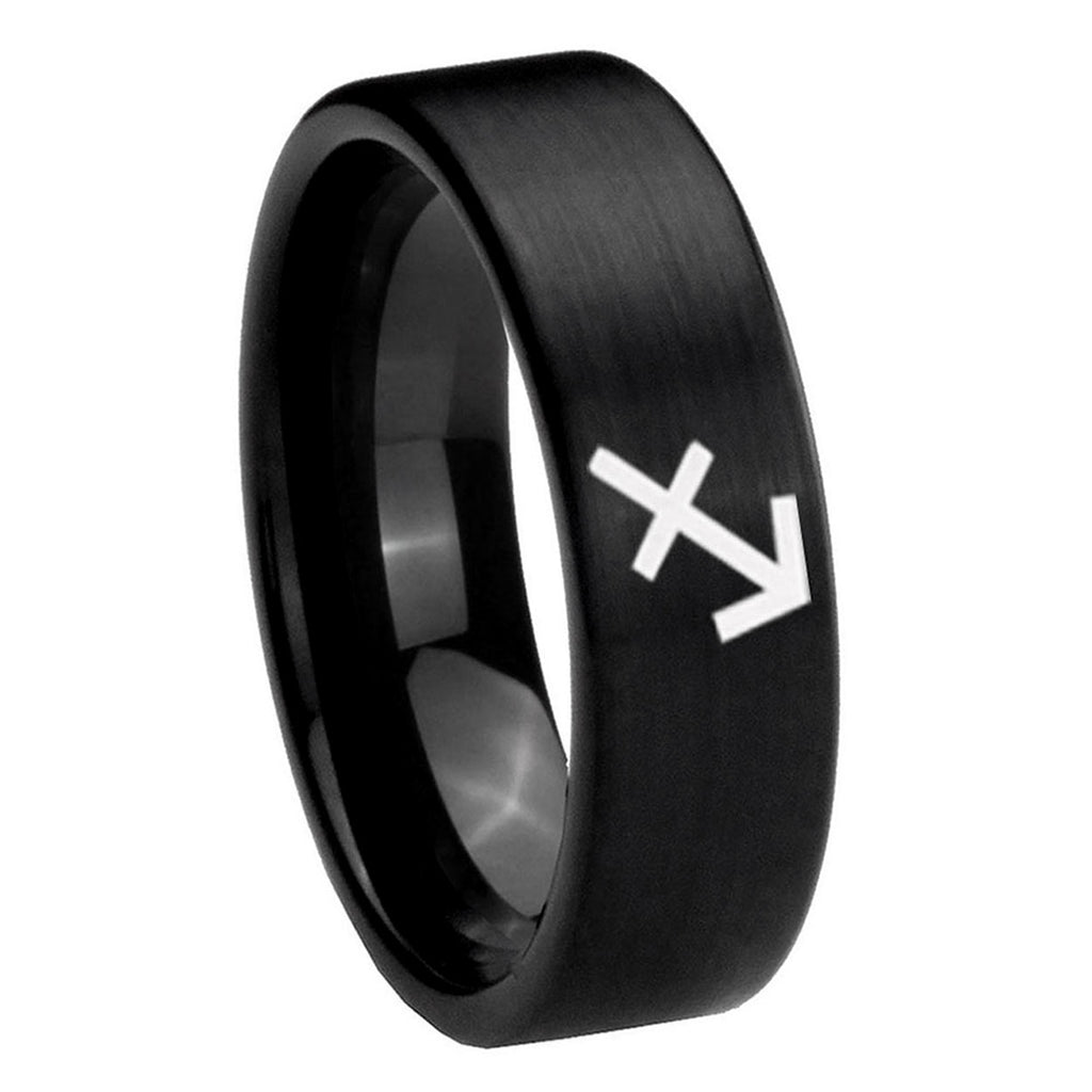 8mm Sagittarius Zodiac Pipe Cut Brush Black Tungsten Ring