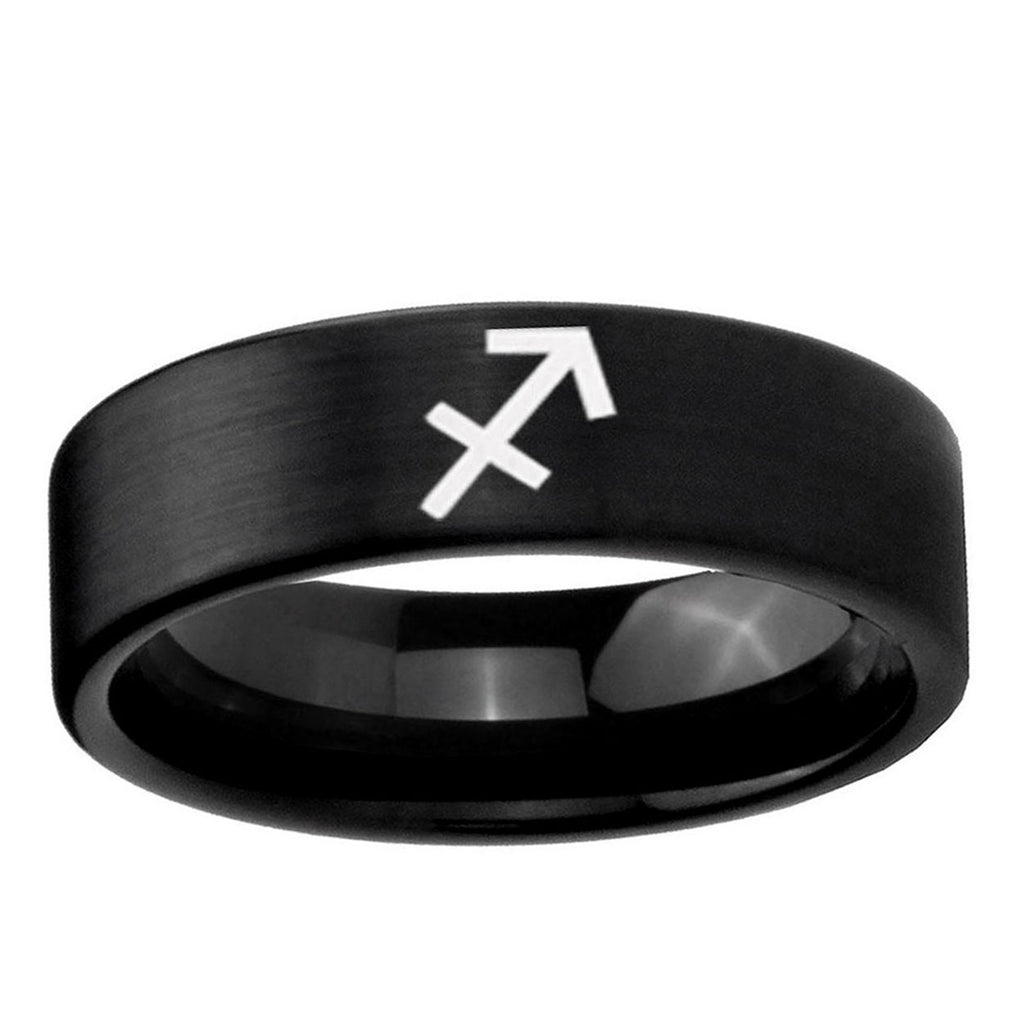 6mm Sagittarius Zodiac Pipe Cut Brush Black Tungsten Ring