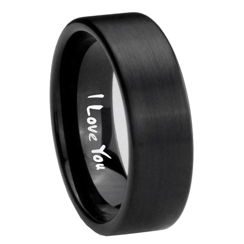 8mm I Love You Pipe Cut Brush Black Tungsten Ring