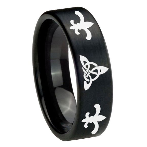 8mm-Celtic-Triangle-Fleur-De-Lis-Pipe-Cut-Brush-Black-Tungsten-Mens-Wedding-Band