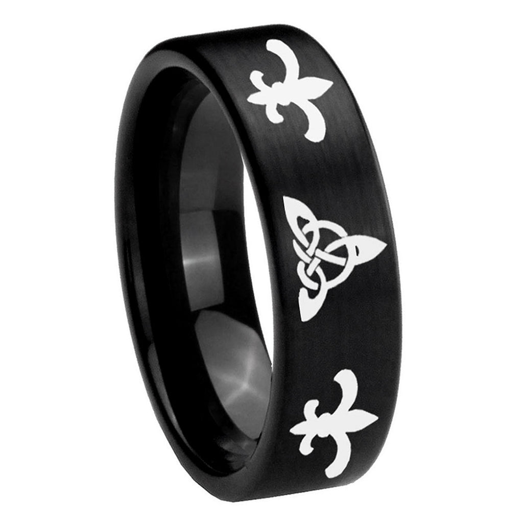 8mm Celtic Triangle Fleur-De-Lis Pipe Cut Black Tungsten Band