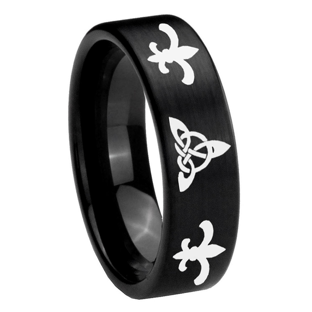 8mm Celtic Triangle Fleur-De-Lis Pipe Cut Black Tungsten Band
