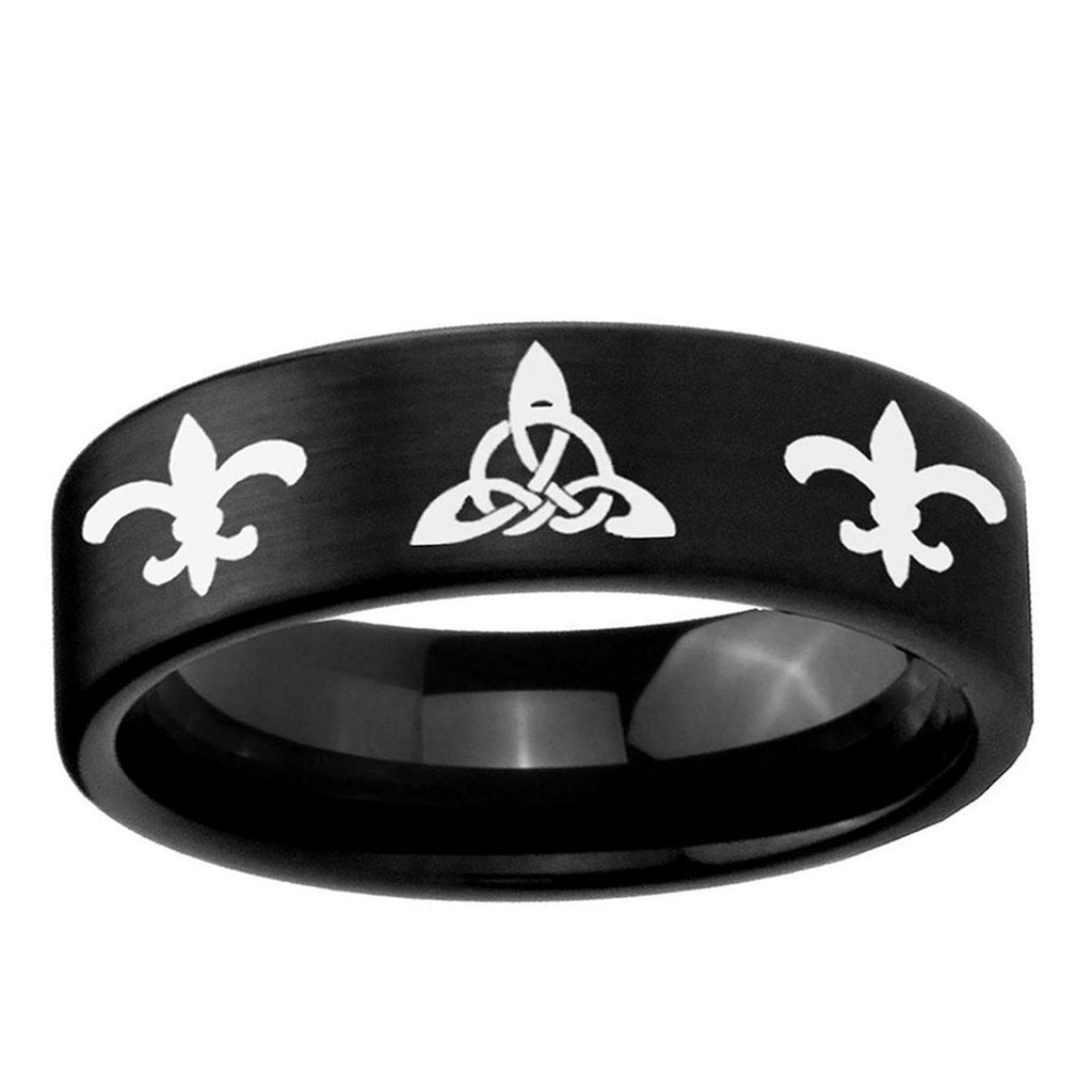 6mm Celtic Triangle Fleur-De-Lis Pipe Cut Black Tungsten Band