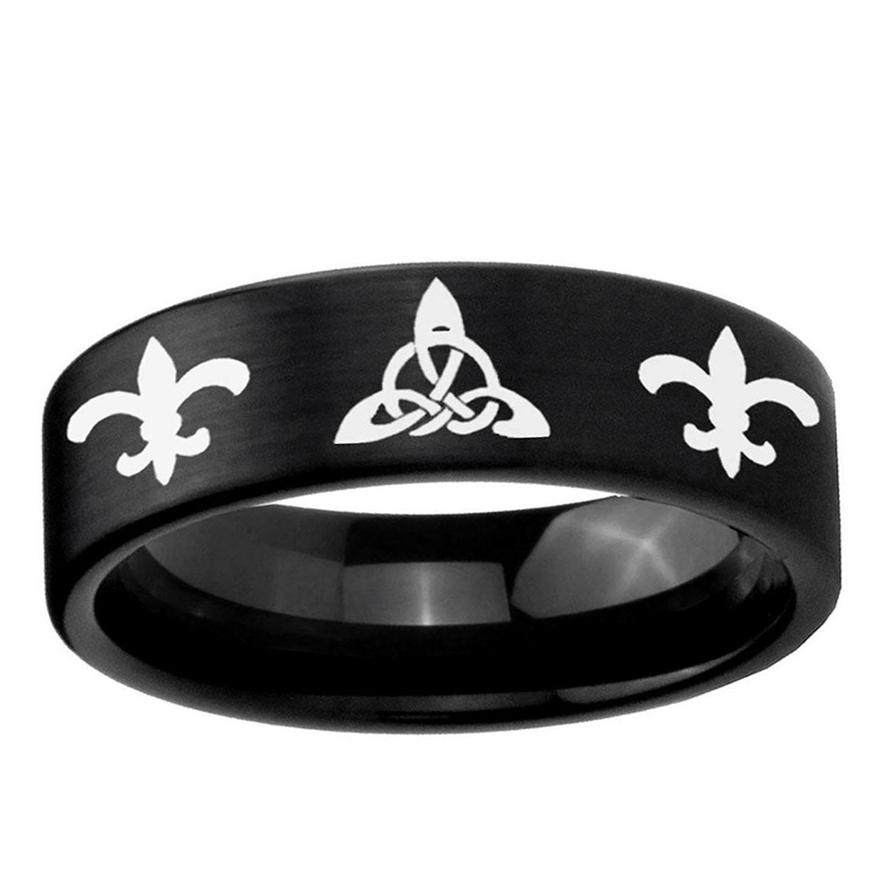 6mm Celtic Triangle Fleur-De-Lis Pipe Cut Black Tungsten Band