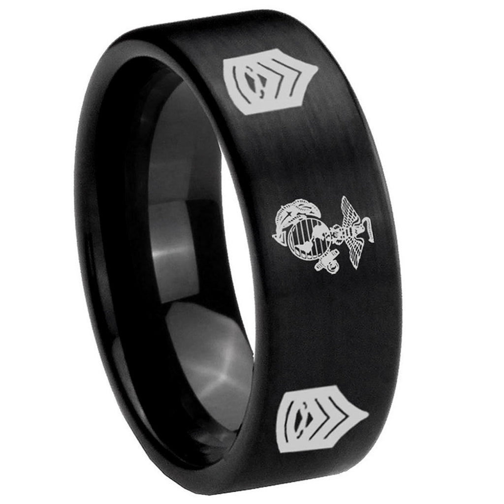 8mm Marine Army Sergeant Pipe Cut Brush Black Tungsten Ring