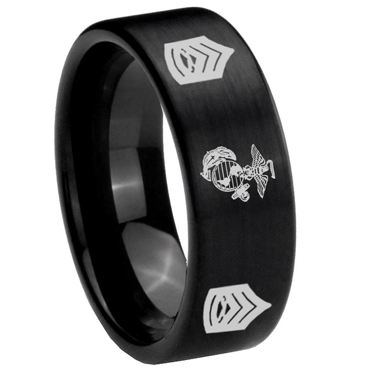 8mm Marine Army Sergeant Pipe Cut Brush Black Tungsten Ring