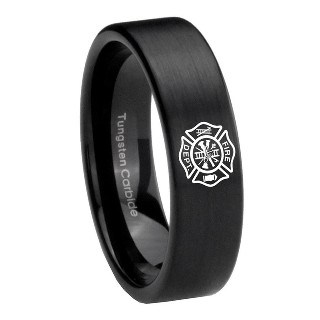 8mm Fire Department Pipe Cut Brush Black Tungsten Mens Ring