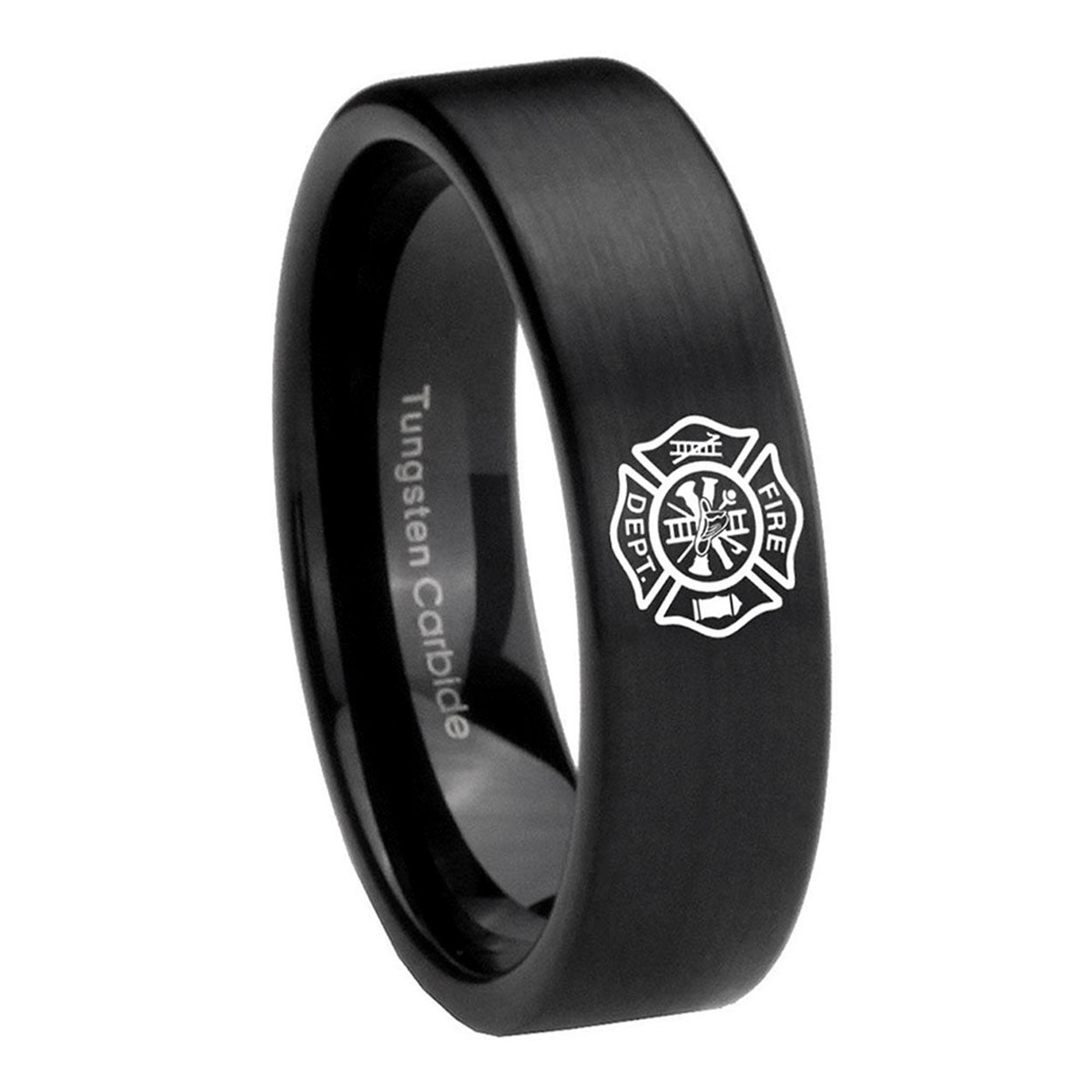 8mm Fire Department Pipe Cut Brush Black Tungsten Mens Ring