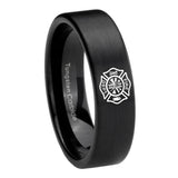 8mm Fire Department Pipe Cut Brush Black Tungsten Carbide Mens Wedding Ring
