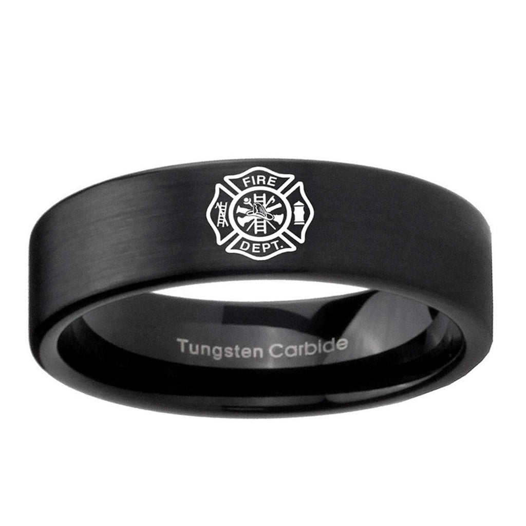 6mm Fire Department Pipe Cut Brush Black Tungsten Mens Ring