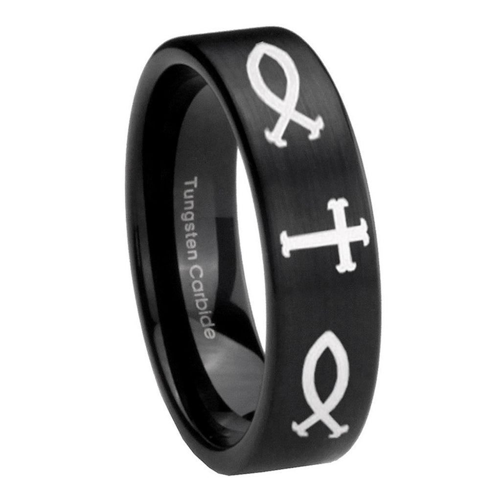 8mm Fish & Cross Pipe Cut Brush Black Tungsten Mens Ring