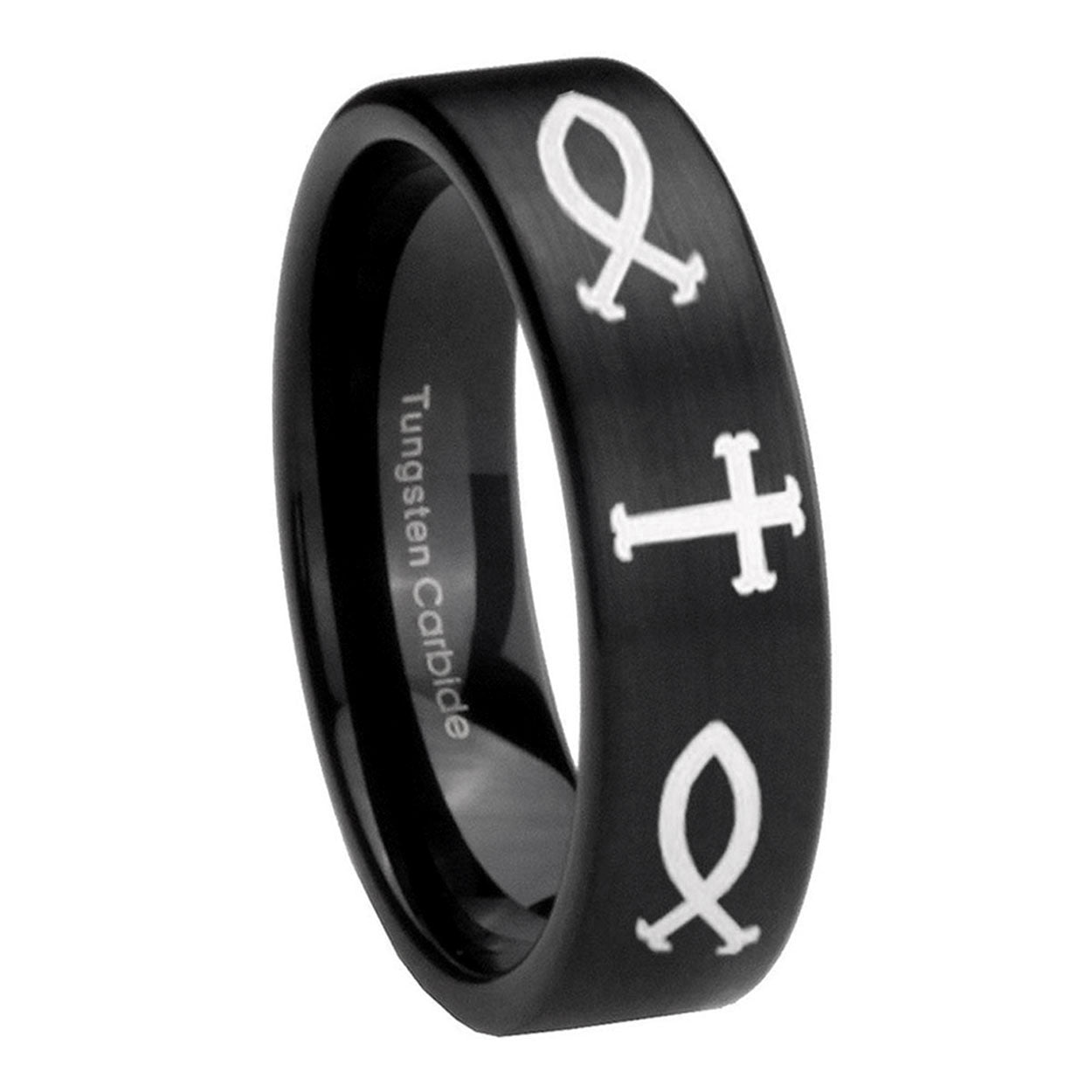 8mm Fish & Cross Pipe Cut Brush Black Tungsten Mens Ring