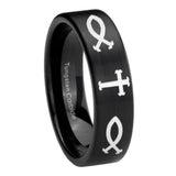 8mm Fish & Cross Pipe Cut Brush Black Tungsten Carbide Men's Wedding Ring