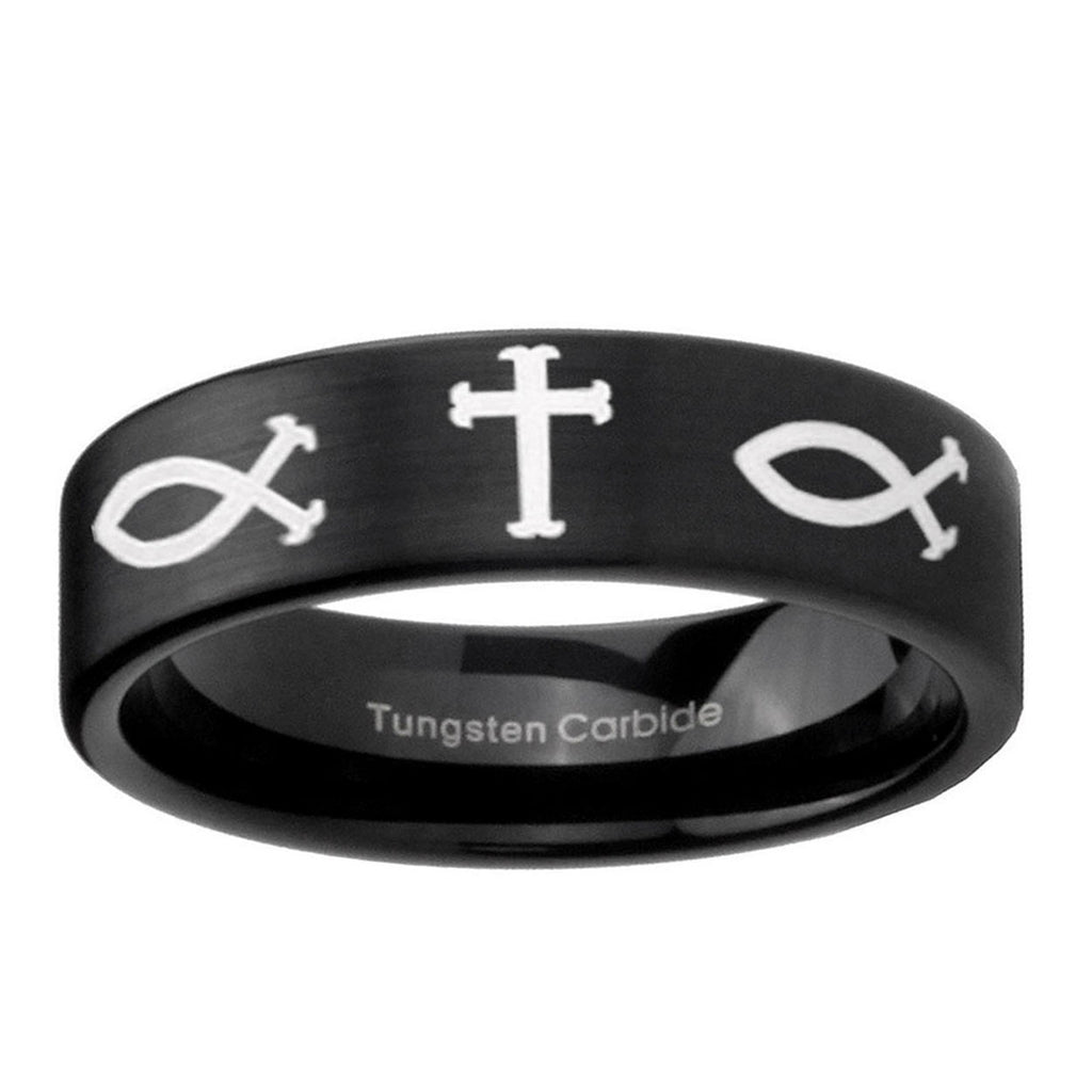 6mm Fish & Cross Pipe Cut Brush Black Tungsten Mens Ring